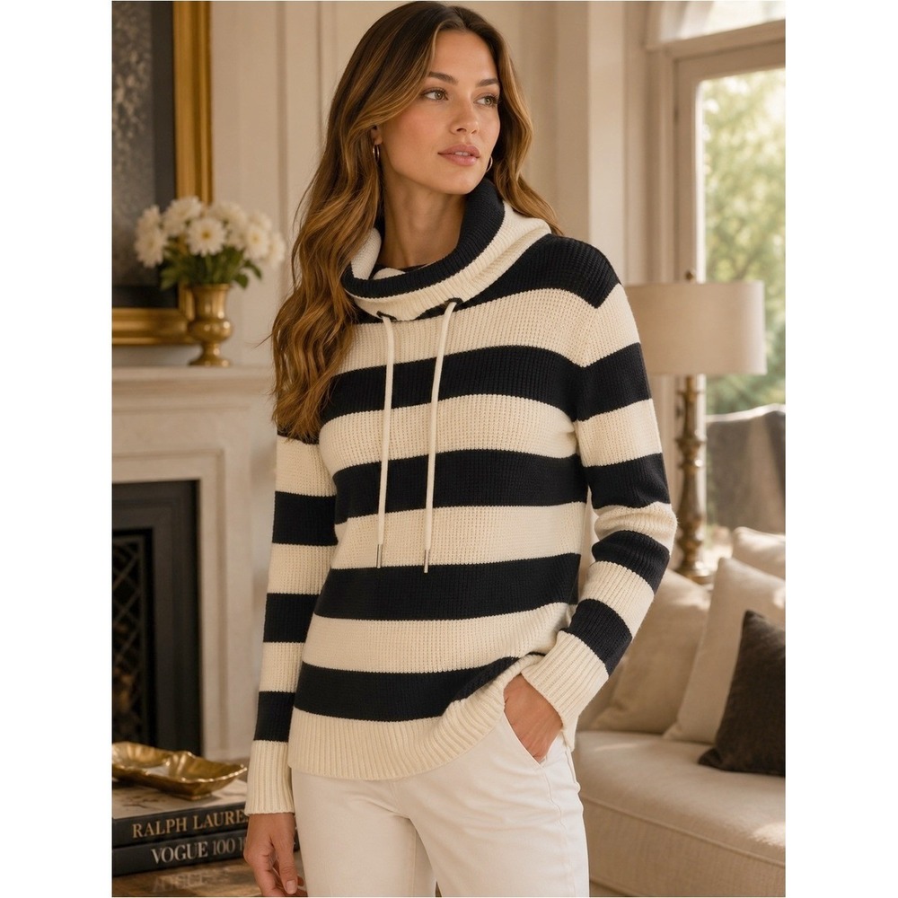 Lauren Ralph Lauren NWT Striped Cotton Cowl Drawstring Sweater Black Cream S